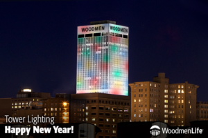 WoodmenLife Tower lights Confetti