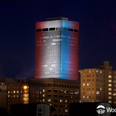 WoodmenLife Tower in red, white and blue