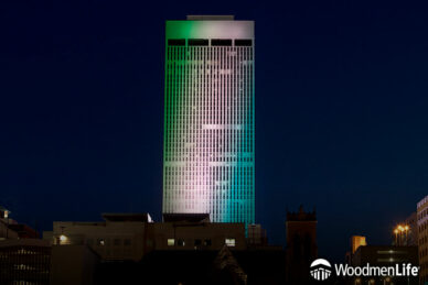 WoodmenLife Tower in Green, Pink and Teal